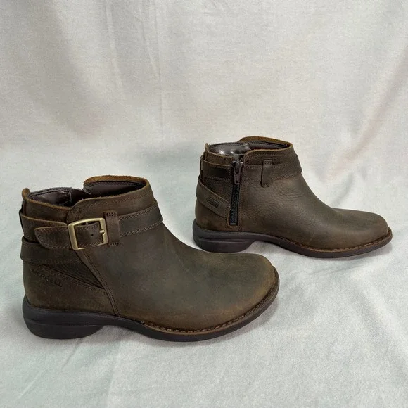 Merrell Andover Bluff Brown Waterproof Leather Ankle Boots Buckle Zip J17484 6